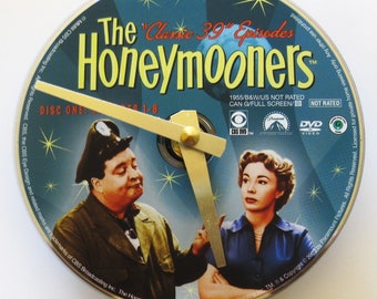 The Honeymooners clock. TV sitcom clock. Recycled DVD. Small clock for desk, shelf, or wall. Jackie Gleason.