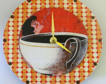 Kitchen clock. Coffee clock. Retro clock. Vintage clock. Small 7 in clock. Eco-friendly clock.