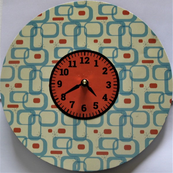 Clock with mid-century atomic design. Retro 1950's clock. 10 inch clock.  Kitchen clock. Recycled record.