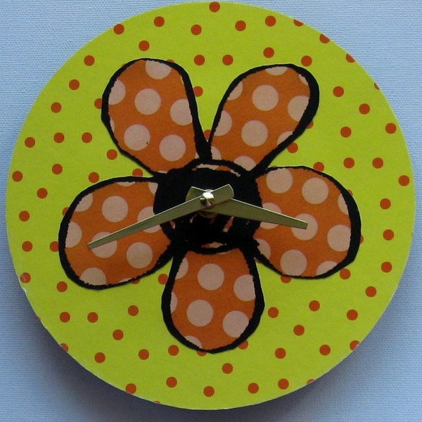 Funky flower clock. 7 in kitchen clock. Modern clock. Art clock.  Recycled record.