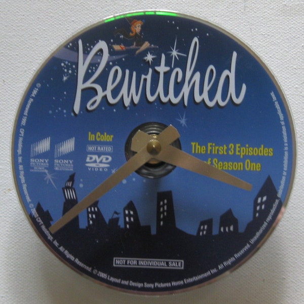 Bewitched TV sitcom clock. Recycled DVD.  Small clock for wall or shelf.  Elizabeth Montgomery.