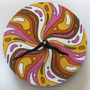 Psychedelic hippy clock. Colorful small clock made from a recycled record. Funky modern minimalist clock. 7 inch clock. Unique modern clock.