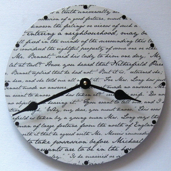 Jane Austen clock. Pride and Prejudice clock. Classic literature clock.  Handwritten letter. Clock for women. 10 in clock. Recycled record.