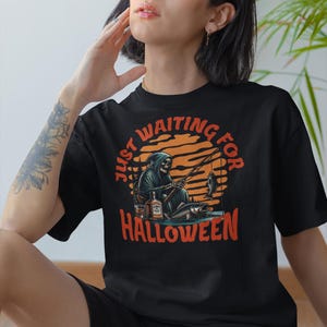 Just waiting for Halloween Shirt, Grim Reaper with Whiskey & Fish Skull Tee – Dark Humor Halloween Shirt, Creepy Gift for Horror Lovers