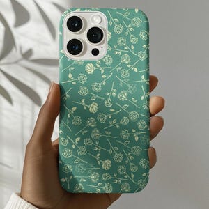 White Floral Green Phone Case for iPhone 16 15 14 13 12 Pro Max, iPhone 16e, 15 14 Plus, iPhone 13 12 Mini, X XS XR SE iPhone 11 Tough Cover