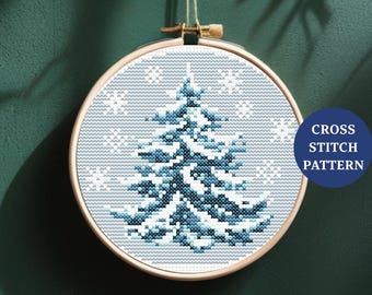 Snowy Winter Tree Cross Stitch Pattern, Snowflake Christmas Landscape PDF