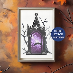 May include: Cross stitch pattern featuring a gothic archway with a bat silhouette, framed in a gray border. The archway is black with a purple interior, and the words "CROSS STITCH PATTERN" are in a blue circle.