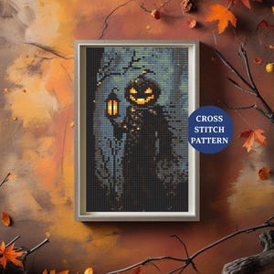 May include: Framed cross-stitch pattern featuring a spooky figure with a jack-o'-lantern head holding a lantern. The design is set against a dark, forested backdrop. The text "CROSS STITCH PATTERN" is in a blue circle.