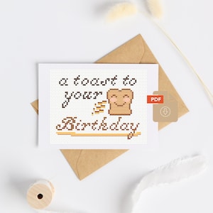 Carte de voeux joyeux anniversaire, motif point de croix, motif toast d'anniversaire, conception de carte bricolage amusante PDF, mini idée cadeau broderie moderne