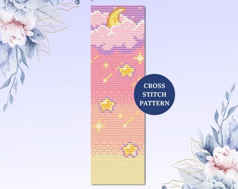 Dreamy Sky Cross Stitch Bookmark Pattern, Pastel, Moon, Stars , PDF