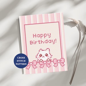 Padrão de ponto cruz para cartão de aniversário, design fofo de gatinho para amantes de gatos, pequeno bordado de celebração em PDF para cartão de felicitações rosa feito à mão