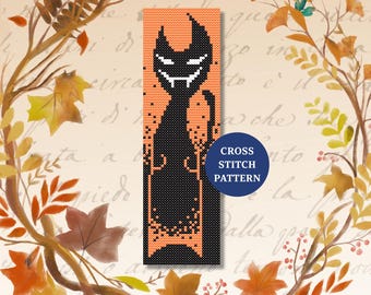 Wzór haftu krzyżykowego z zakładką „Kot diabeł”, dekoracja gotycka na Halloween, PDF