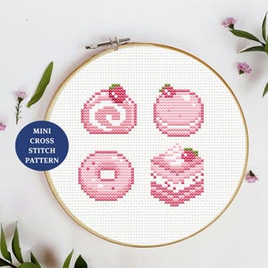 Sweet Dessert Cross Stitch Pattern,  Set of 4 Cute Sweet Treats: Donut, Macaron, Cake, Swiss Roll, Kawaii Mini PDF Pattern for Food, Sweets