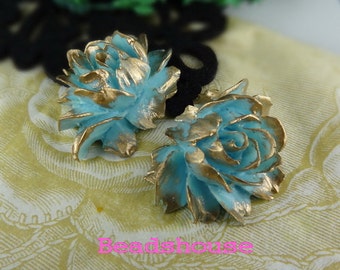 34-00-CA  2pcs Hight Quality Cabbage Rose with Golden  Petals - Mint Blue