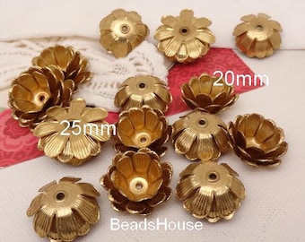 4pcs Raw Brass Flower Bead Caps: 3-Layer, Vintage Style (20mm/25mm)