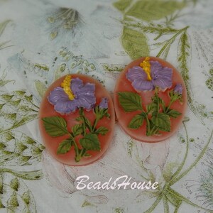 20 % 2 piezas (30 x 40 mm) Camafeo con bonitas flores impresas a mano: lila sobre rosa
