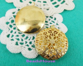 LK-100-32R 6pcs (32mm)Golden Plated Brass Filigree Round Locket-Nickel Free