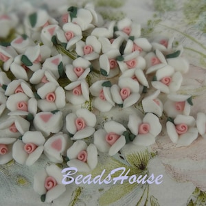 20pcs (10mm) Handmade Tiny Ceramic Rose Porcelain Flowers- White /Pink