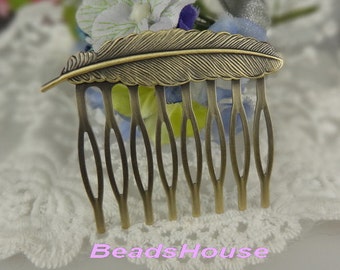 HC-48-CB  8pcs  High Quality Antique Brass Filigreen Feather Hair Comb, Bronze Plated Brass Filigree hair comb