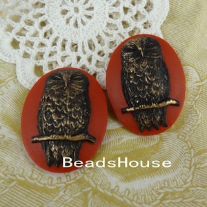 4pcs (30 X 40mm)  Pretty Oval Owl Cameo Cabochon,Black on Red Hand Paint with Golden