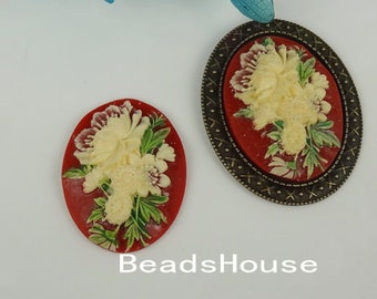 64-00-CM  2pcs  Hand Paint  Rose Oval Cameo (30 x 40mm)- Peony on Red