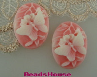 231s--CM  6pcs (18 x 25 mm)  Butterfly  W/Flower Cameo ,White on Pink