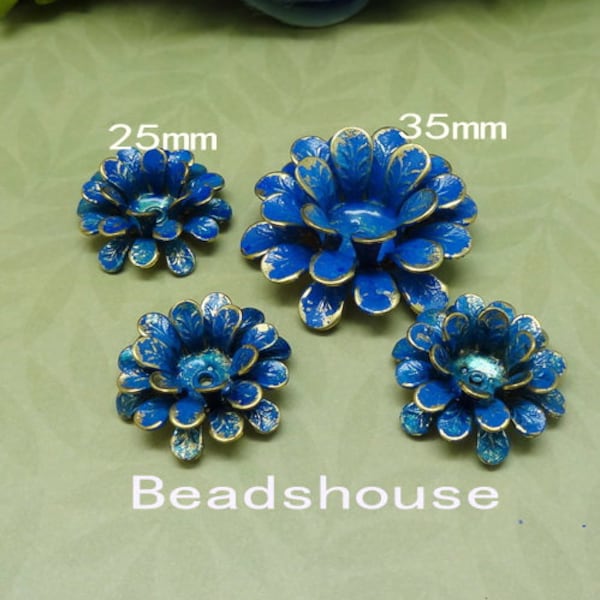 4pcs-(25mm)(35mm) High Quality Vintage Colored Brass Flowers Bead -Caps, Painted 3 Layer