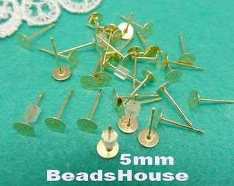 50pcs (5mm) Golden Plated Earring Posts with Rubber Stoper ,Nickel Free