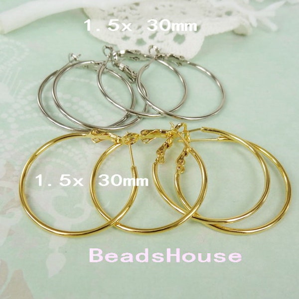 12pcs - (6pairs) 1.5x30mm Golden Plated / Silver Earrings Brass Hoop Earrings - Nickel Free