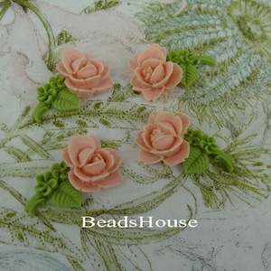 335L-00-CA  10pcs ( 5pairs)12x22mm Beautiful Roses W/Leaf Cabochon-Pink