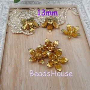 May include: Gold-toned metal flower embellishments with five petals each. The flowers are 13mm in size and have a slightly raised center.
