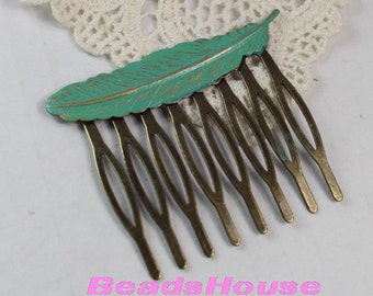 2pcs Verdigris Brass Feather Hair Comb.- 8pins Níquel Libre