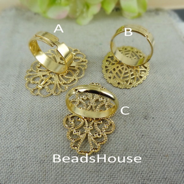 RR-700-G   6pcs -Golden Plated Adjustable Antique-Brass Filigree Ring Base , NICKEL FREE