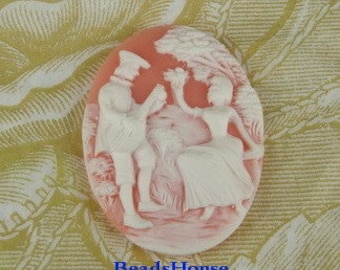 2pcs (30x40mm) White on Coral Resin Cameo