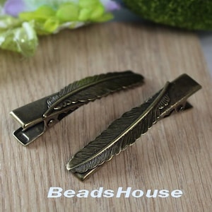 4pcs (10 x 60mm) Feather Antique Brass Plated Hair Clip, Nickel Free
