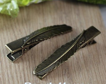 4pcs (10 x 60mm) Feather Antique Brass Plated Hair Clip, Nickel Free