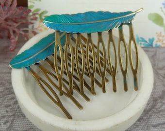 2pcs - Verdigris Patina Blue  Antique Bronze Plated Brass Feather Filigree Hair Comb Setting-8Pins NICKEL FREE