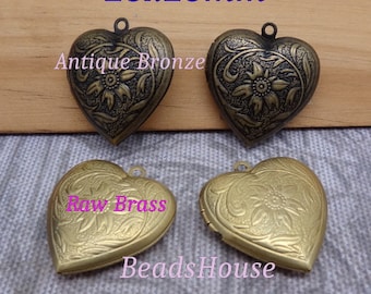 LK-25-Mx  6pcs Raw Brass Heart Shape Floral Pattern Locket, NICKEL FREE