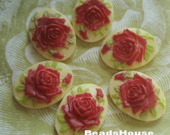 Rose Cameo Cabochons, Red Resin Flowers (13x18 mm), 6pcs