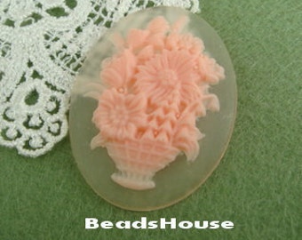 Sale 129-01-820-CA  2pcs Beautiful Vintage Flower Basket Cameo - Pink on Clear