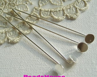 24pcs ( 70mm) White Silver Plated Stick- Pin With 8mm Pad  and Cover -Nickel Free