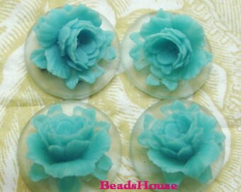 147-00-BL-CA  10Pcs  Pretty Rose Cabochon18 mm,Blue on Clear Background