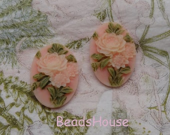 6pcs (18x25mm)Hand Painted Pretty Peony Cameo - White/ Pink