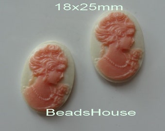 12-00-CM  4 pcs (18 X 25mm) Beautiful Oval Cameo Portrait - Pink on White