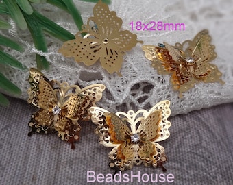 6pcs (18x28mm)High Quality 3 Layers Butterfly Filigree Stampping Pendant Charm w/Crystal (A)
