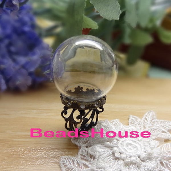 3 ensembles (15 x 25 mm) bouteilles globe en verre transparent avec anneau couronne en filigrane en laiton antique