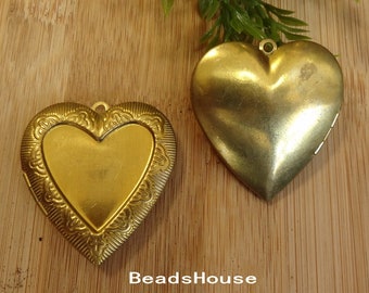 LK-100-R  2pcs (40x40mm)  Large Raw Brass Heart Shape Filigree Locket, NICKEL FREE