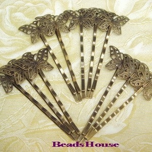 HC-39Ant  10pcs(50mm) Antique Brass W/Cute Butterfly Hair Clip - NICKEL FREE.