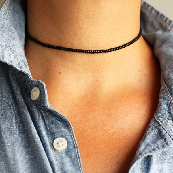 Black seed beaded choker, dainty layering boho necklace for her