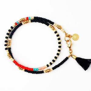 black beaded friendship wrap bracelet with gold coin charm and small tassel, gift for her image 2